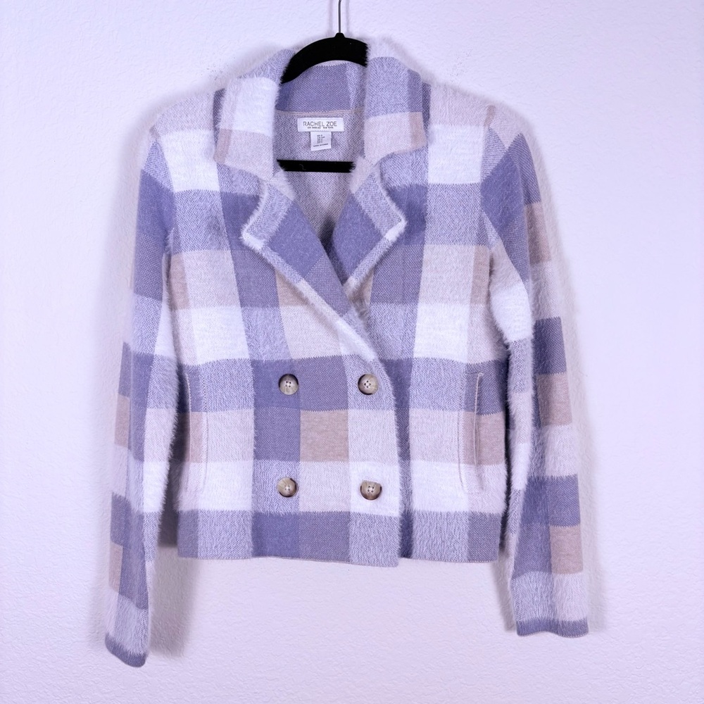 NWT Rachel Zoe Plaid Double-Breasted Sweater in Blue and Cream Butter Soft Small